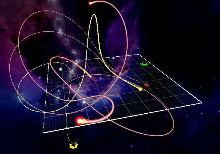 Image of game with multiple shots moving under the gravity of white dwarfs.