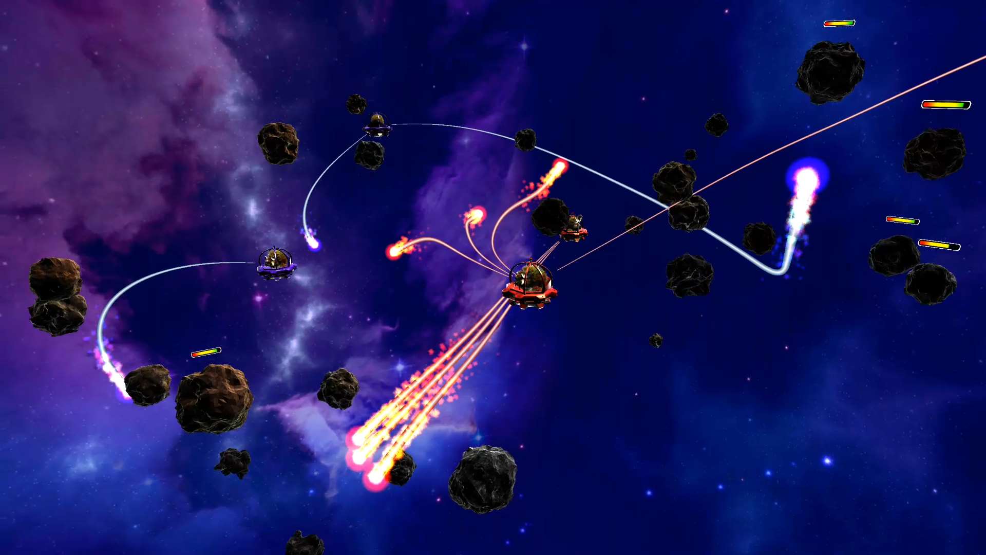 Image of game with multiple shots moving under the gravity of planets.