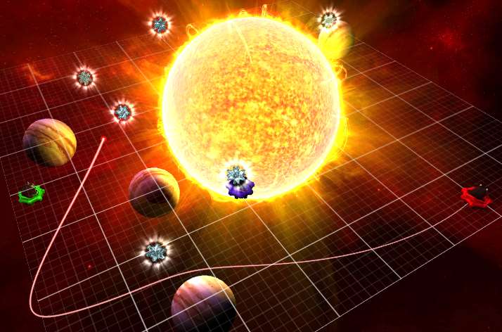 In game image with a single shot moving under the gravity of a star and planets.